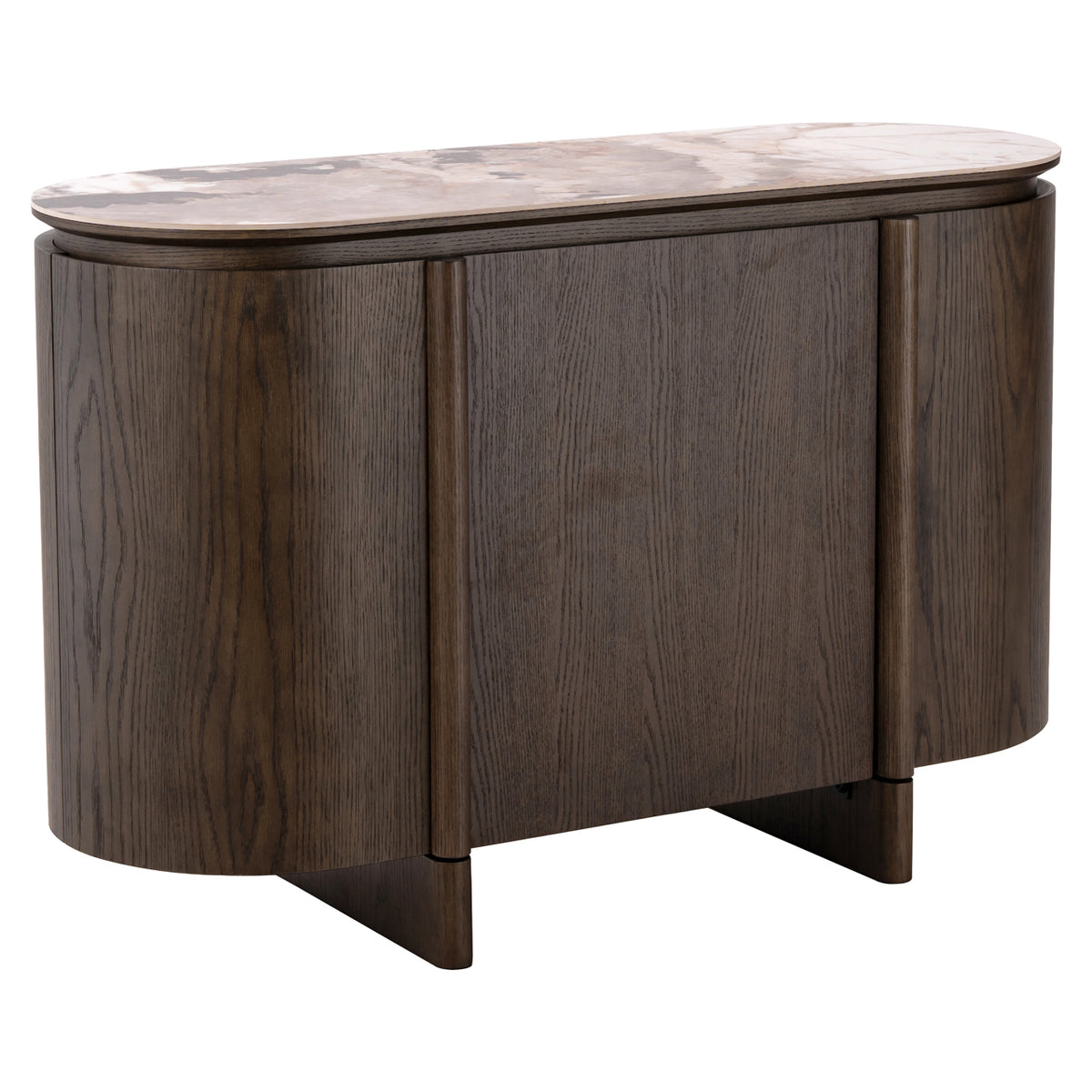Dressoir Langford bruin mdf 3 deuren, schuin vooraanzicht op witte achtergrond