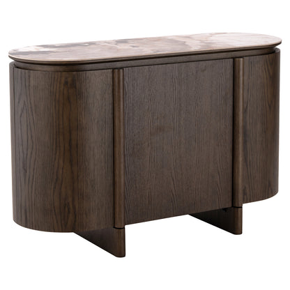 Dressoir Langford bruin mdf 3 deuren, schuin vooraanzicht op witte achtergrond