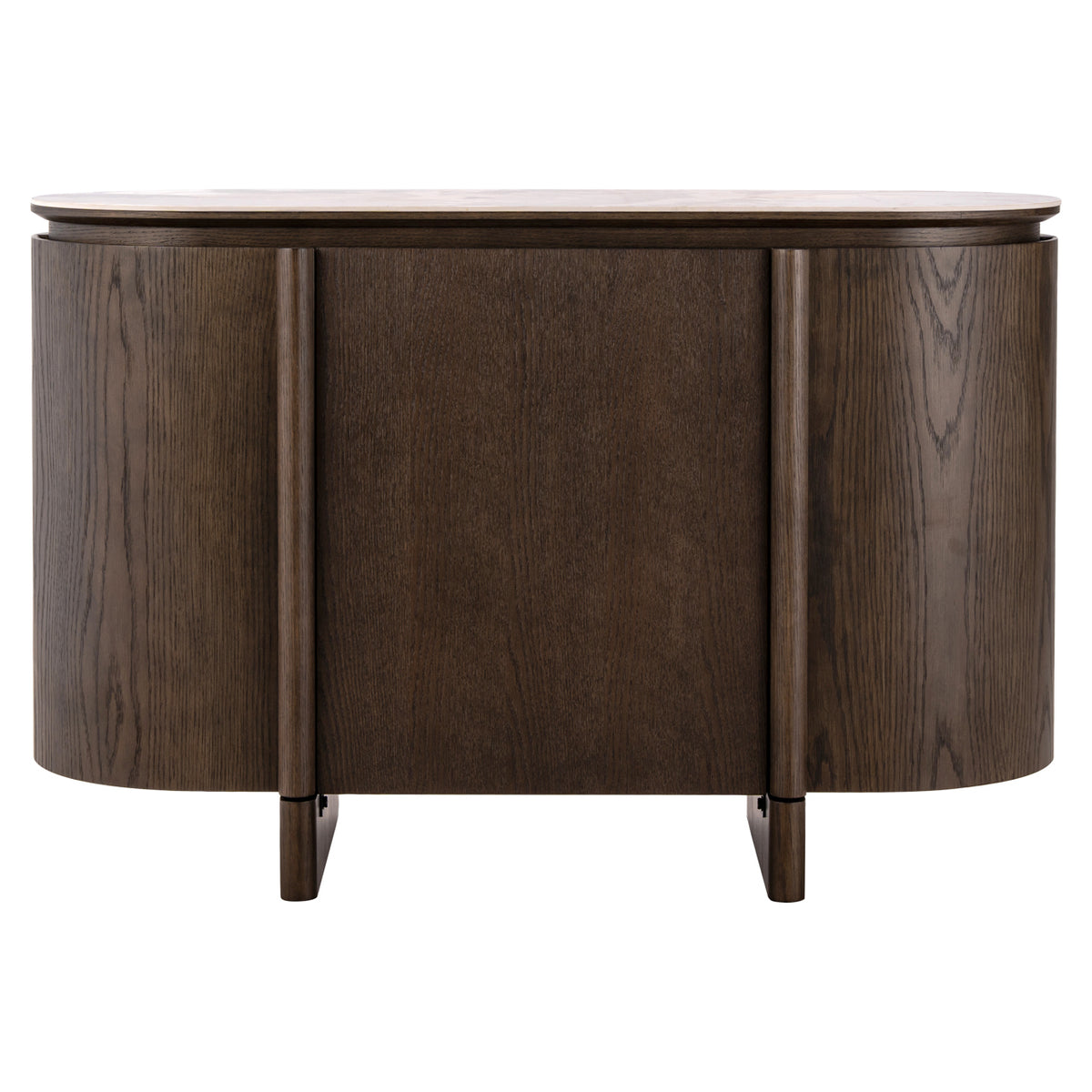 Dressoir Langford bruin mdf 3 deuren, vooraanzicht op witte achtergrond