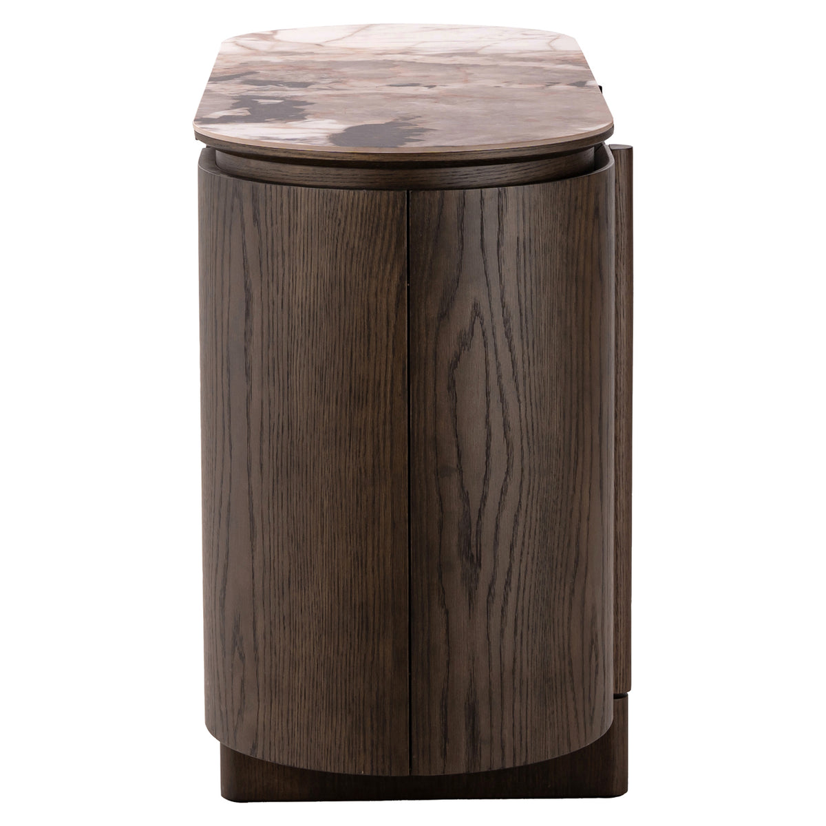 Dressoir Langford bruin mdf 3 deuren, zijaanzicht op witte achtergrond