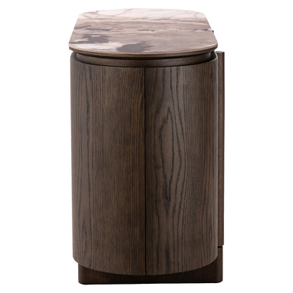 Dressoir Langford bruin mdf 3 deuren, zijaanzicht op witte achtergrond