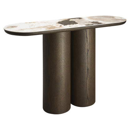 Sidetable Langford bruin mdf, schuin vooraanzicht op witte achtergrond
