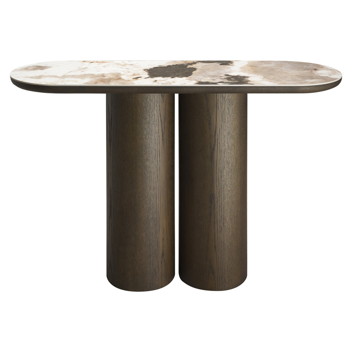 Sidetable Langford bruin mdf, vooraanzicht op witte achtergrond