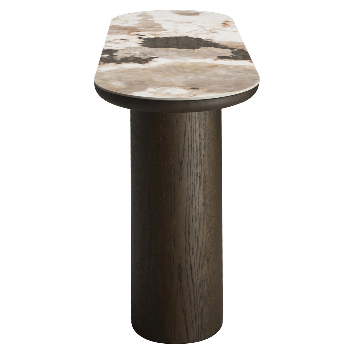 Sidetable Langford bruin mdf, zijaanzicht op witte achtergrond
