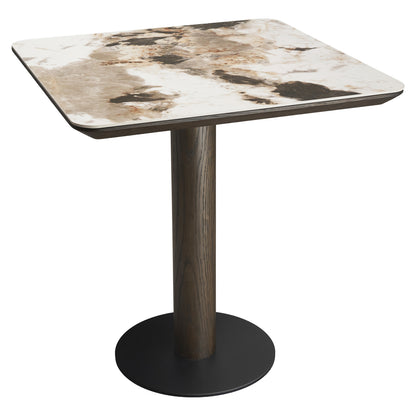Eettafel Langford bruin mdf, schuin vooraanzicht op witte achtergrond
