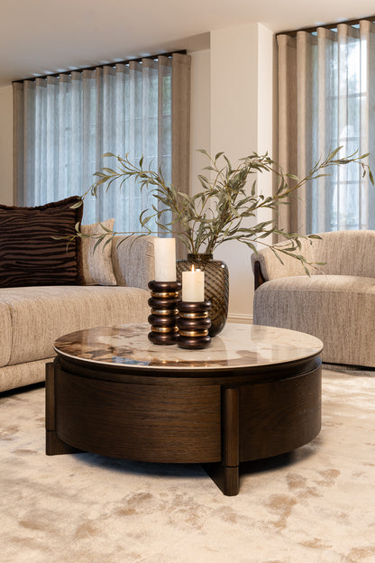 Salontafel Langford bruin mdf, schuin vooraanzicht in een interieur