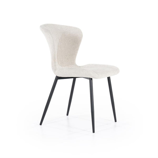 Eetkamerstoel Spinner beige polyester, schuin vooraanzicht op witte achtergrond