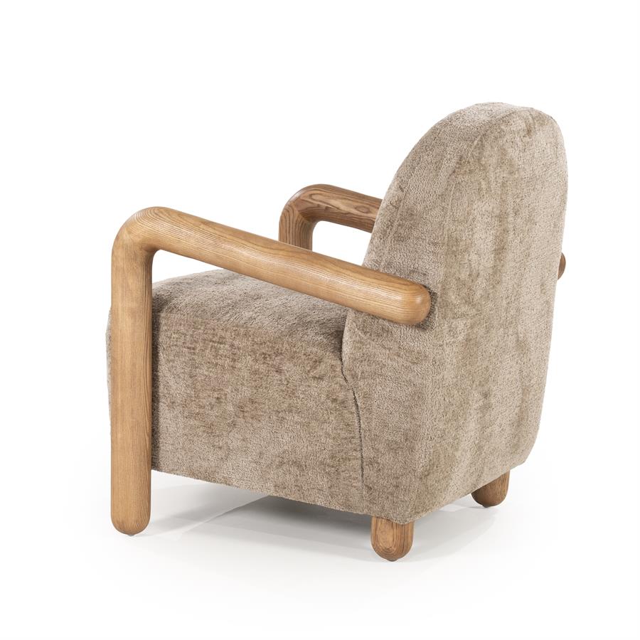 Fauteuil Retrova taupe stof, schuin achteraanzicht op witte achtergrond