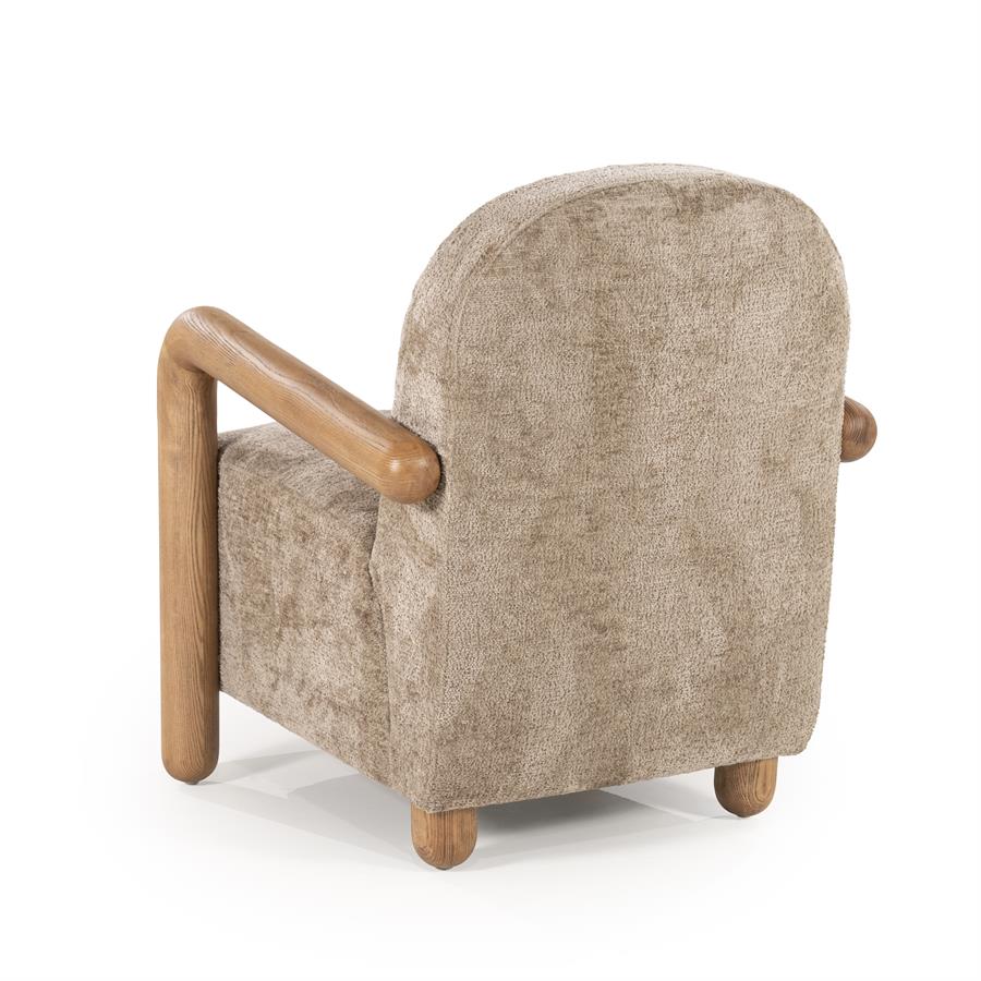 Fauteuil Retrova taupe stof, schuin achteraanzicht op witte achtergrond