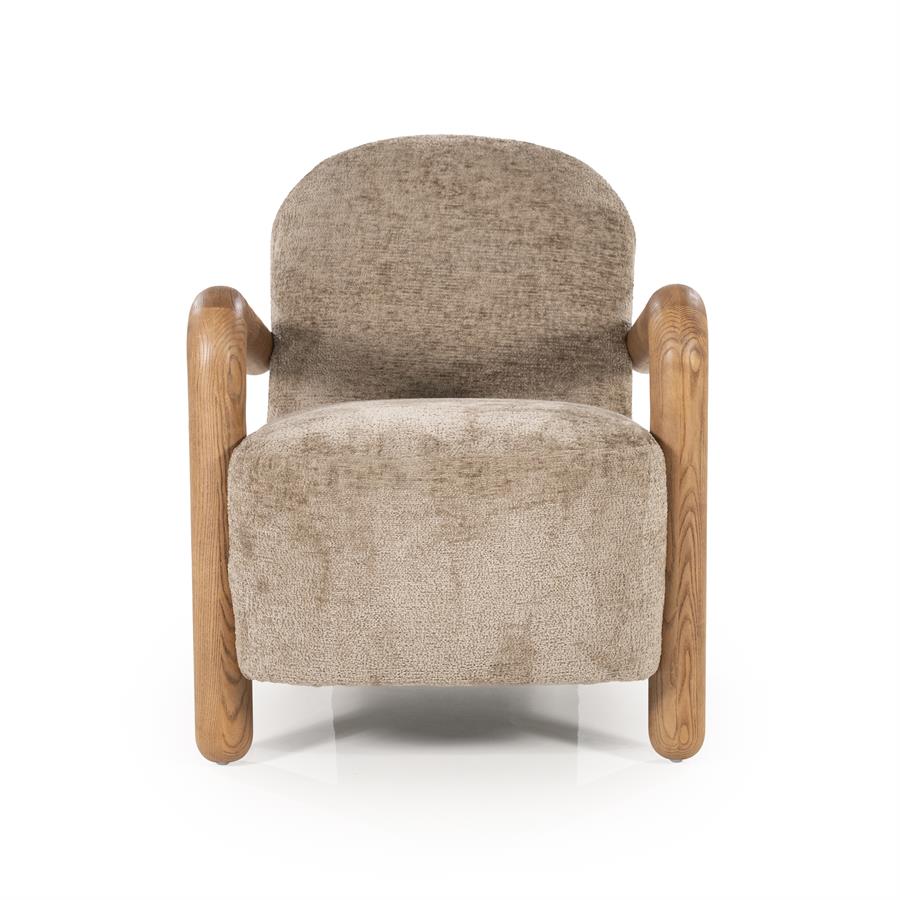 Fauteuil Retrova taupe stof, vooraanzicht op witte achtergrond