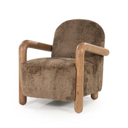 Fauteuil Retrova bruin stof, schuin vooraanzicht op witte achtergrond