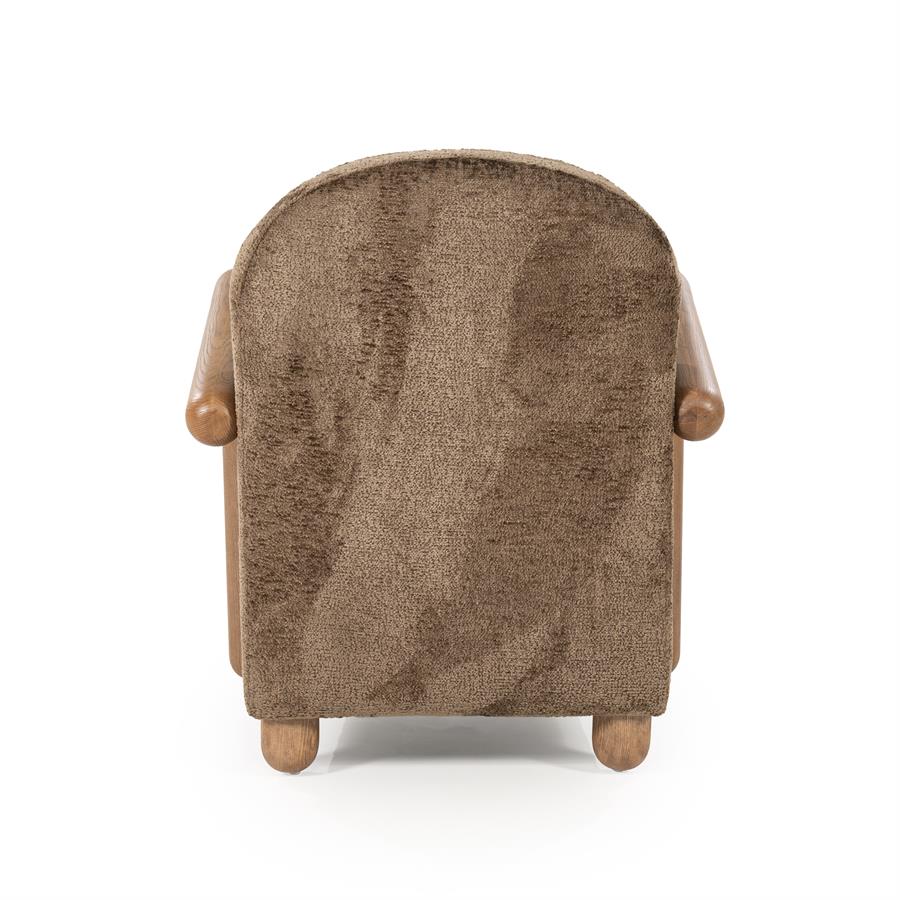 Fauteuil Retrova bruin stof, achteraanzicht op witte achtergrond