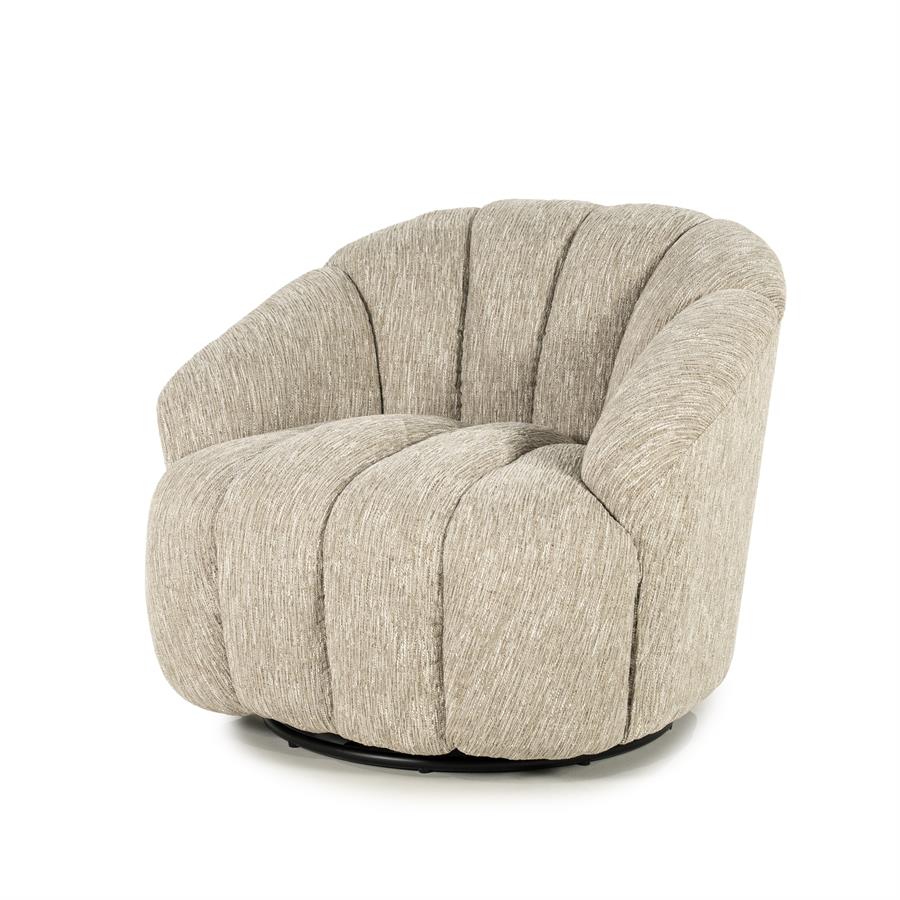 Fauteuil Sogno taupe polyester, schuin vooraanzicht op witte achtergrond