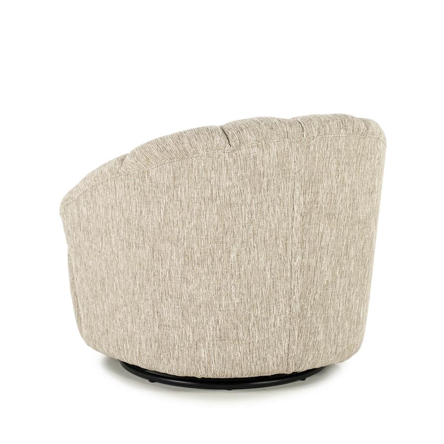 Fauteuil Sogno taupe polyester, schuin achteraanzicht op witte achtergrond