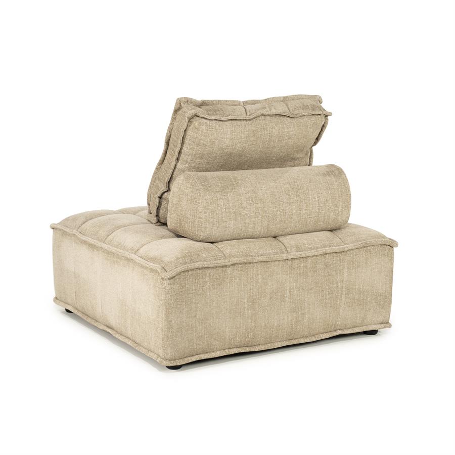 Fauteuil Hive taupe stof, schuin achteraanzicht op witte achtergrond