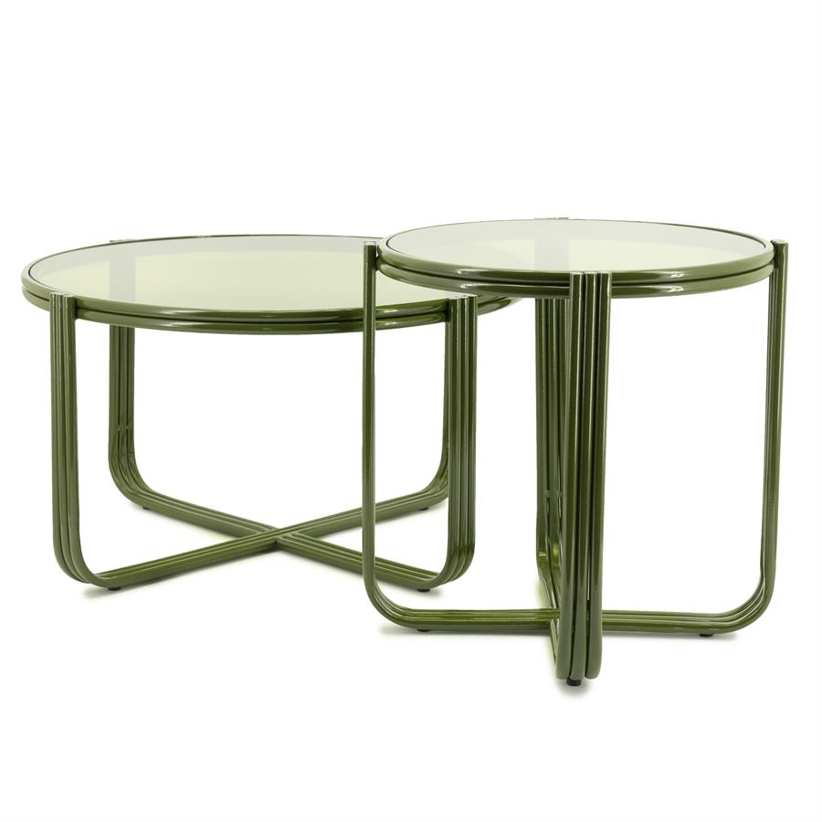 Salontafel Groovy groen ijzer, schuin vooraanzicht op witte achtergrond