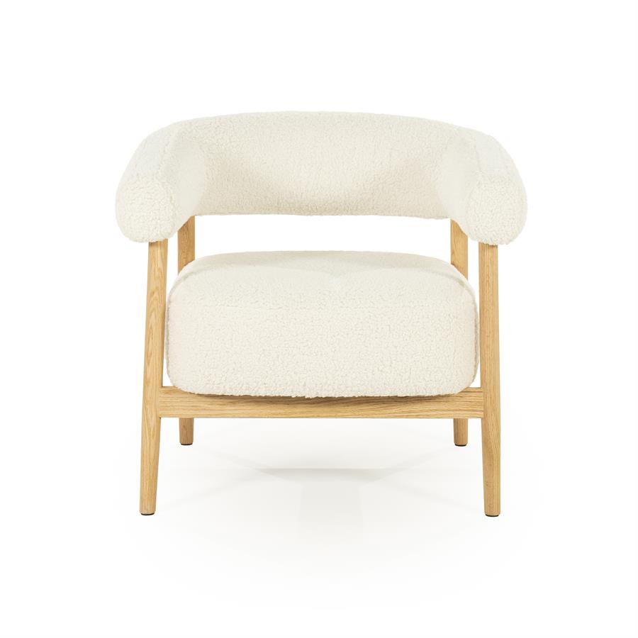 Fauteuil Mysa beige stof, vooraanzicht op witte achtergrond