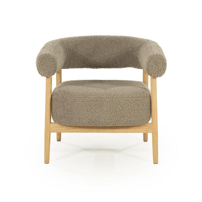 Fauteuil Mysa taupe stof, vooraanzicht op witte achtergrond