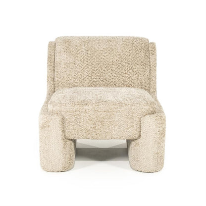 Fauteuil Omla taupe stof, vooraanzicht op witte achtergrond