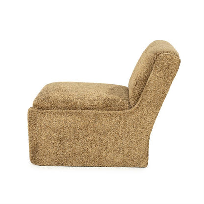 Fauteuil Omla geel stof, zijaanzicht op witte achtergrond