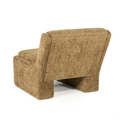 Fauteuil Omla geel stof, schuin achteraanzicht op witte achtergrond
