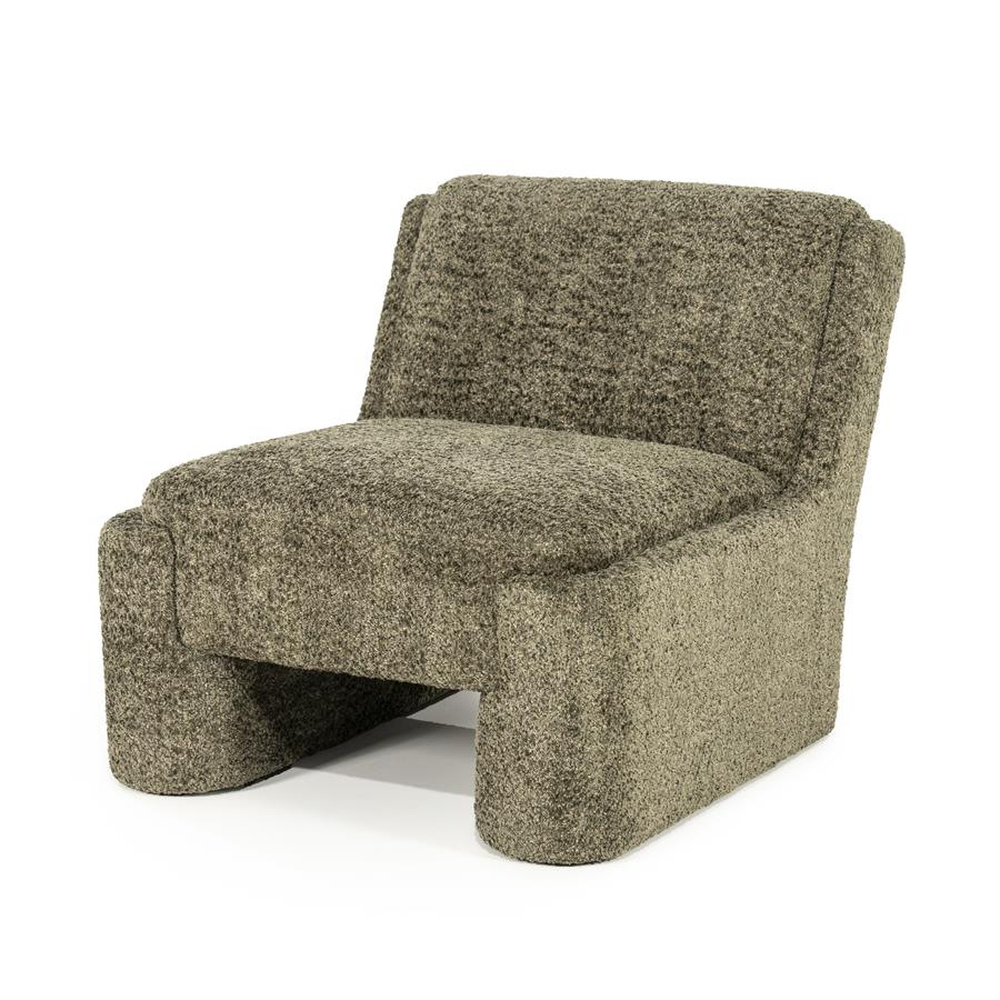 Fauteuil Omla groen stof, schuin vooraanzicht op witte achtergrond