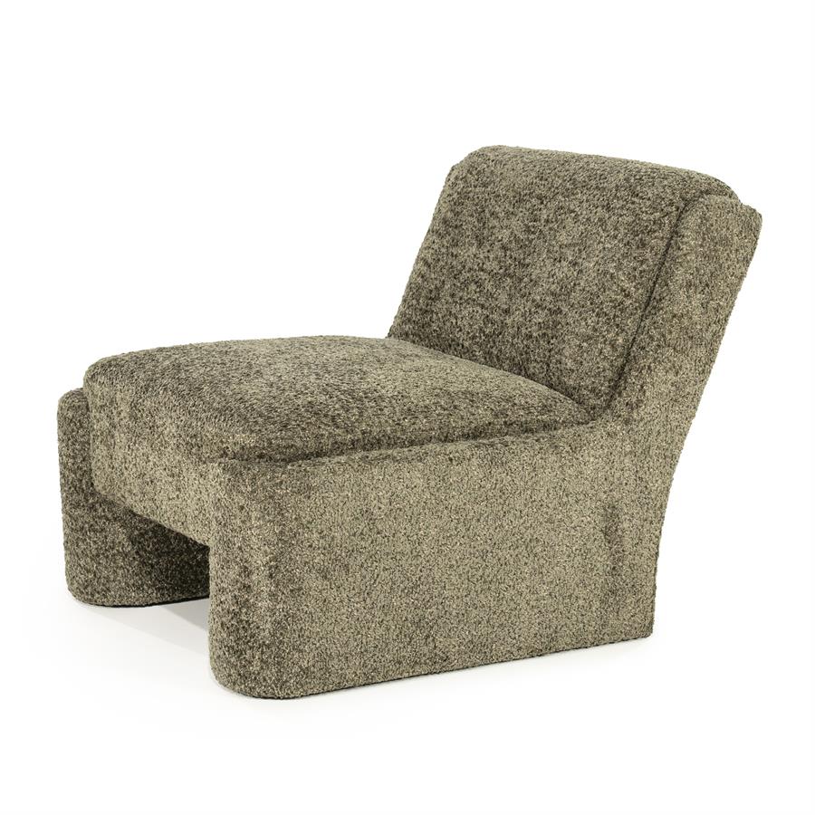 Fauteuil Omla groen stof, schuin vooraanzicht op witte achtergrond