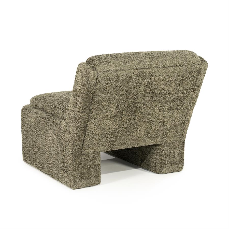 Fauteuil Omla groen stof, schuin achteraanzicht op witte achtergrond