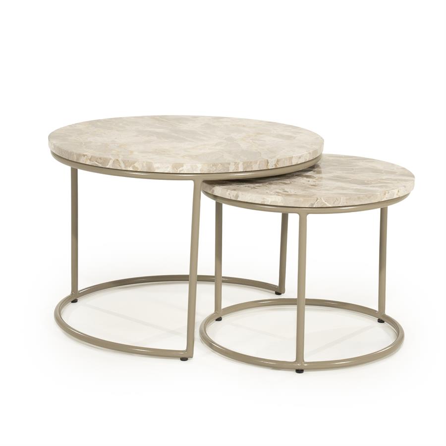 Salontafel Alvar beige ijzer set van 2, schuin vooraanzicht op witte achtergrond