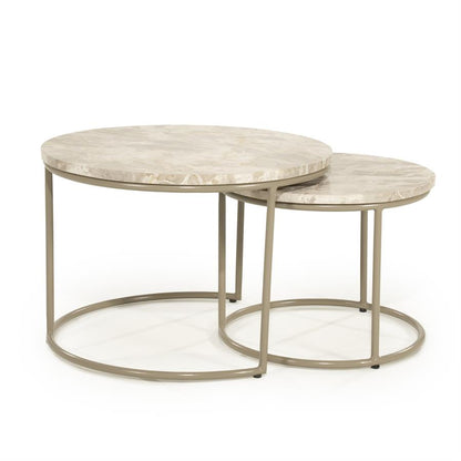 Salontafel Alvar beige ijzer set van 2, schuin vooraanzicht op witte achtergrond