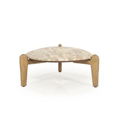 Salontafel Marnish bruin mangohout 70 x 70 cm, achteraanzicht op witte achtergrond