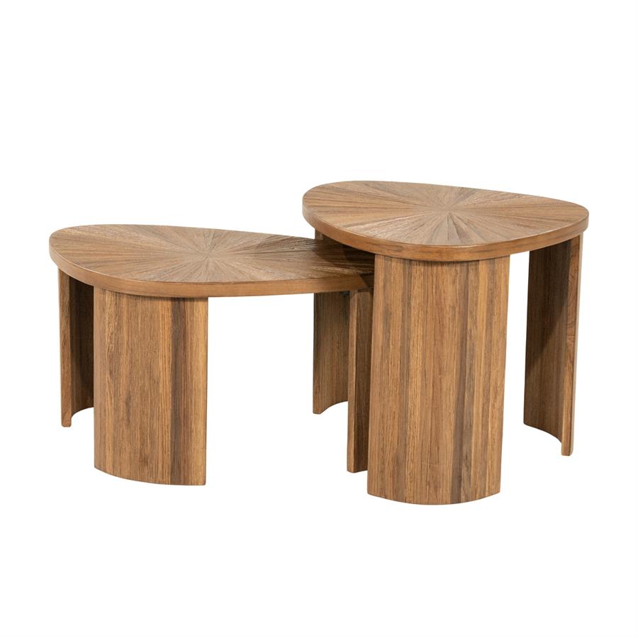 Salontafel Tala naturel teakhout set van 2, schuin achteraanzicht op witte achtergrond