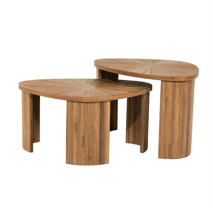 Salontafel Tala naturel teakhout set van 2, schuin vooraanzicht op witte achtergrond