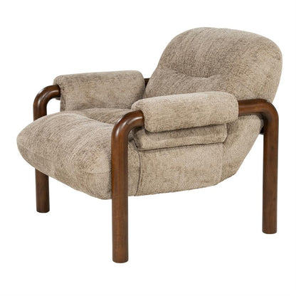 Fauteuil Cozara taupe stof, schuin vooraanzicht op witte achtergrond