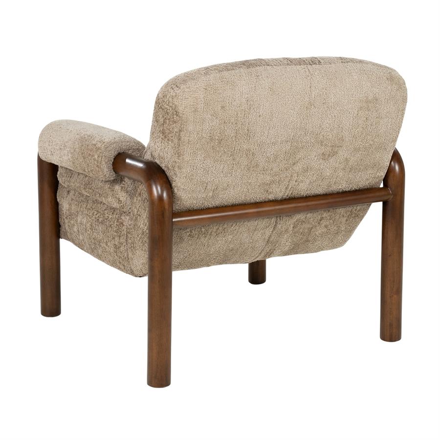 Fauteuil Cozara taupe stof, schuin achteraanzicht op witte achtergrond