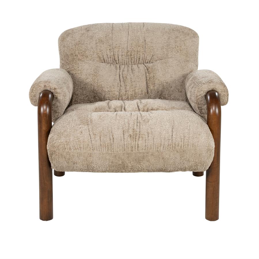 Fauteuil Cozara taupe stof, vooraanzicht op witte achtergrond