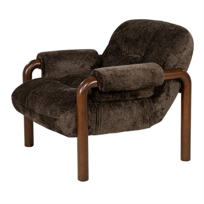 Fauteuil Cozara bruin stof, schuin vooraanzicht op witte achtergrond