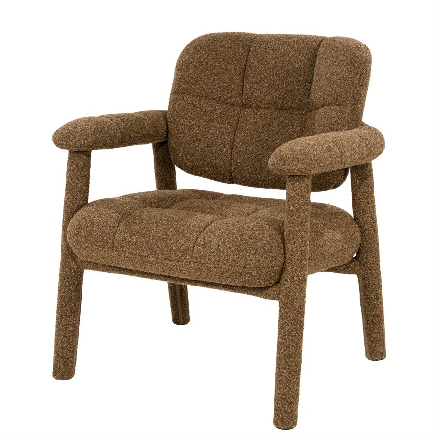 Fauteuil Knox bruin stof, schuin vooraanzicht op witte achtergrond