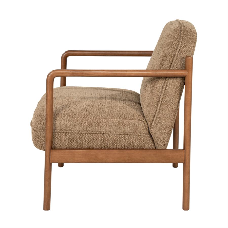Fauteuil Sutton bruin stof, zijaanzicht op witte achtergrond