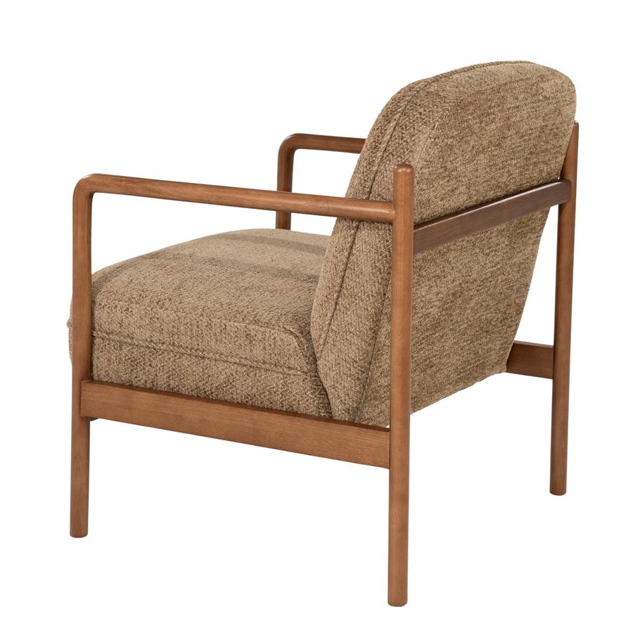 Fauteuil Sutton bruin stof, schuin achteraanzicht op witte achtergrond