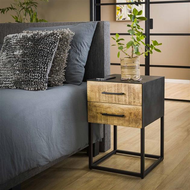Nachtkastje Metal Wood | 2 Lades | Blank Antiek Massief Mango