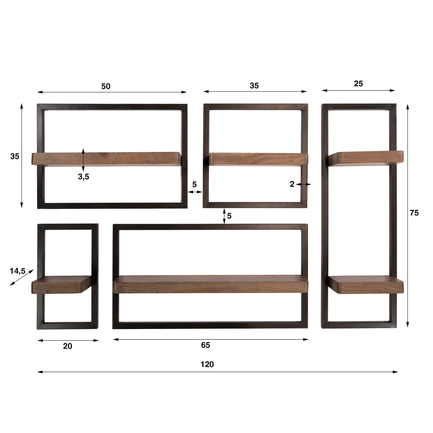 Wandmeubelset Carve | Acaciahout Bruin | Brons Frame