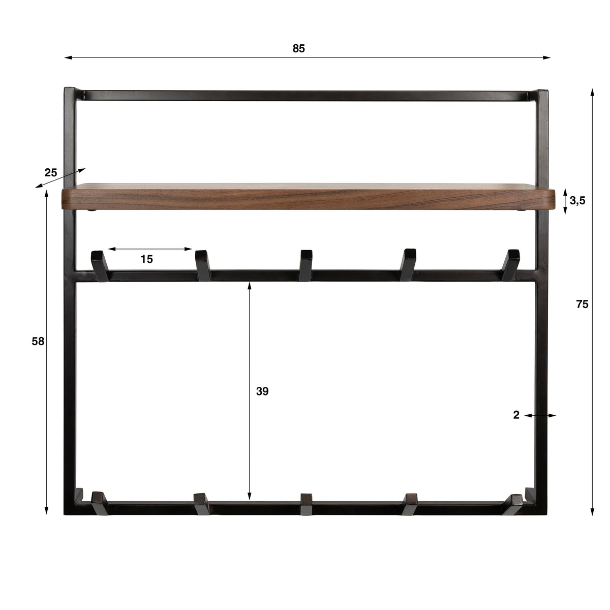 Kapstok Air bruin acaciahout hoog 2x5 haken, maatvoering met afmetingen