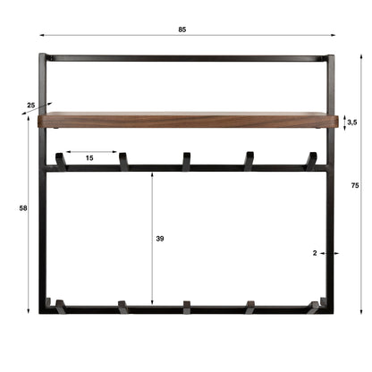 Kapstok Air bruin acaciahout hoog 2x5 haken, maatvoering met afmetingen