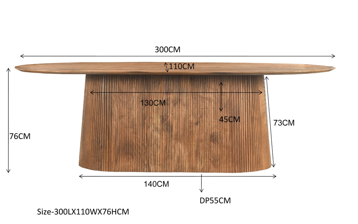 Eettafel Salvator ovaal naturel mangohout, maatvoering met afmetingen