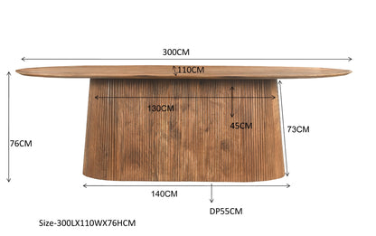 Eettafel Salvator ovaal naturel mangohout, maatvoering met afmetingen