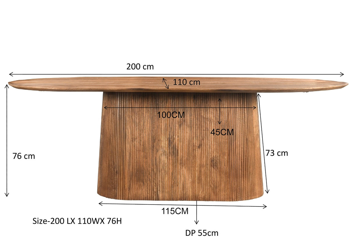 Eettafel Salvator ovaal naturel mangohout, maatvoering met afmetingen