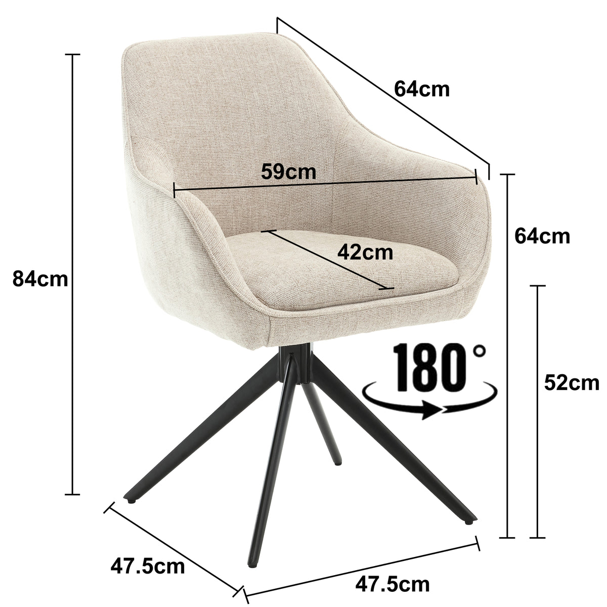 Eetkamerstoel Thomas beige stof, maatvoering met afmetingen