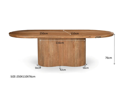 Eettafel Sevilla bruin mangohout 250 cm, maatvoering met afmetingen