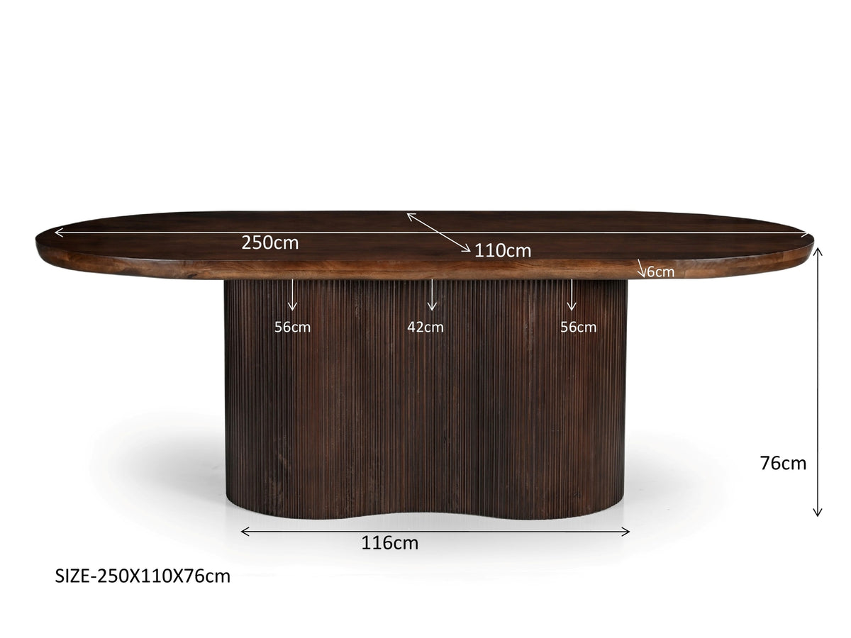 Eettafel Sevilla bruin mangohout 250 cm, maatvoering met afmetingen